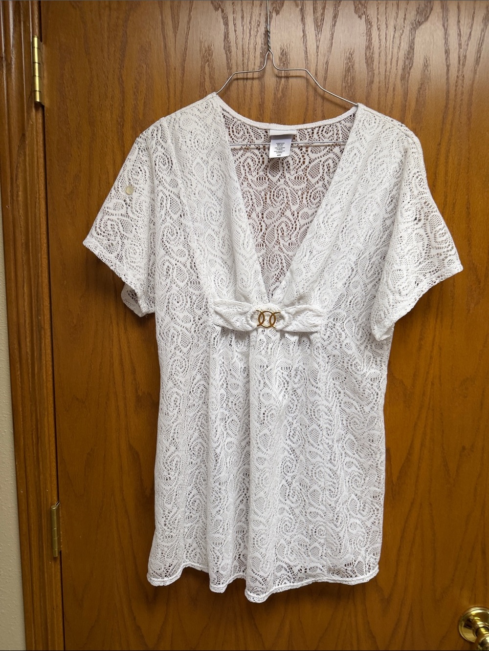 Jaclyn Smith White Lace V-Neck Swim Coverup with Gold Ring Detail